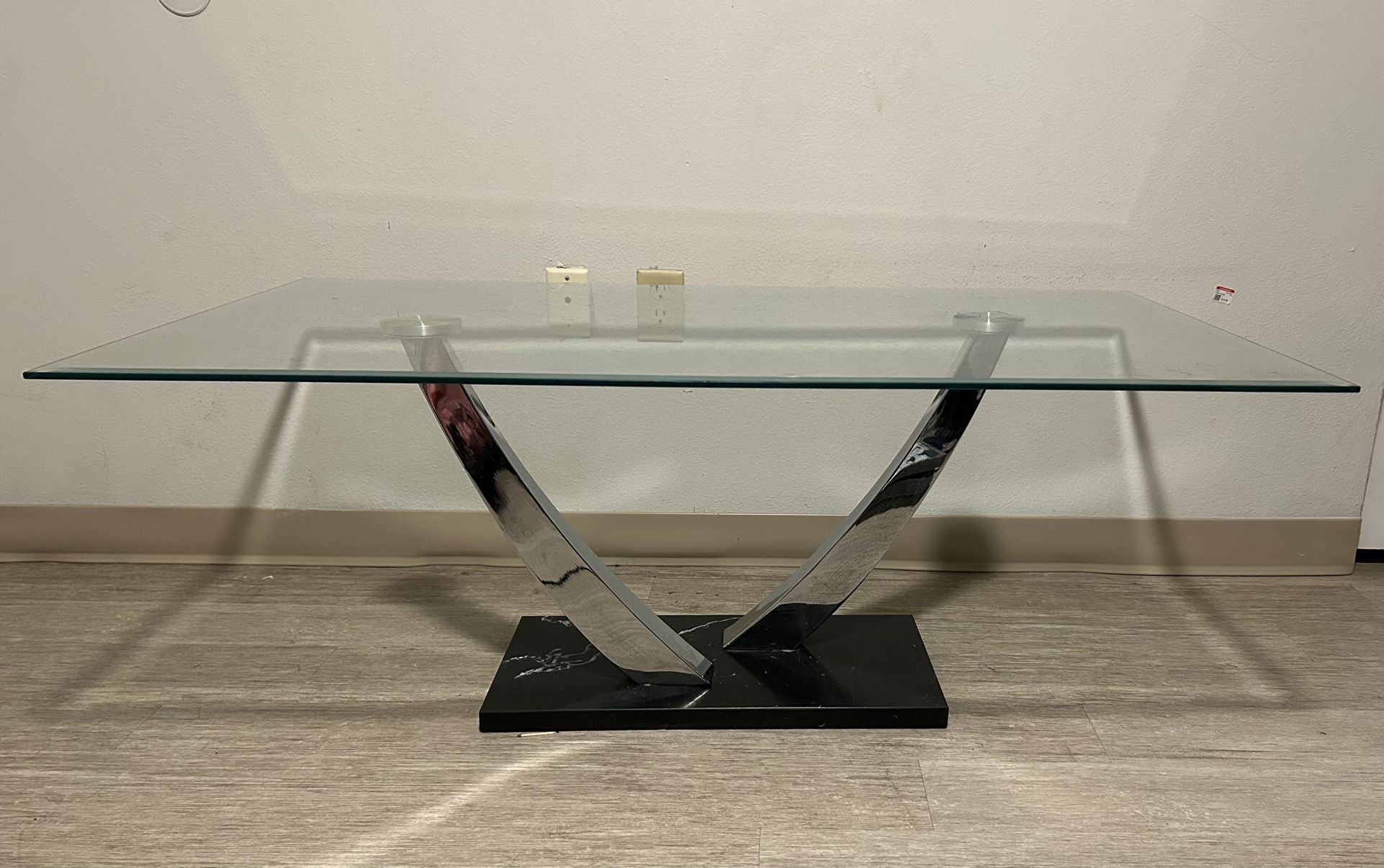 Modern Glass Coffee Table - Chrome V-Base & Marble Look Base - Moving Sale!