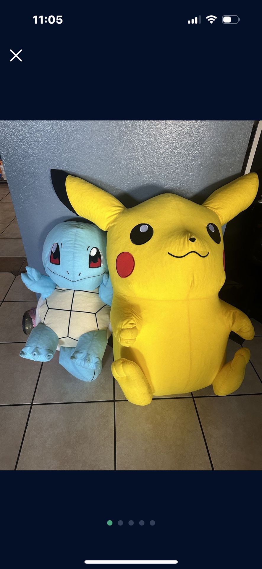 Giant Pikachu and Squirtle Pokemon Plushies