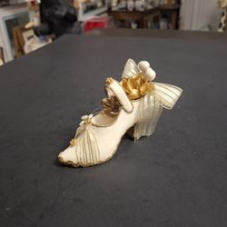Gorgeous Miniature High Heel Shoe In Gold & Cream With Faux Pearls & Golden Ribbon, Collectible 4"L X 3"H 
