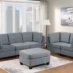 Brand New Grey 6pc Modular Sofa Set w Ottoman 