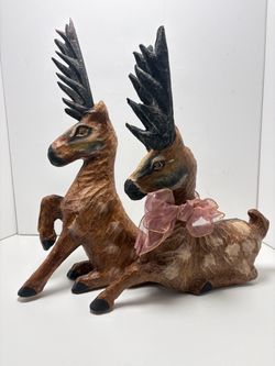 Vintage Paper Mache Reindeer Pair Christmas Folk Art Deer Made in Philippines