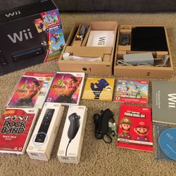 Wii Black Console with New Super Mario Brothers Wii In Box CIB Tested