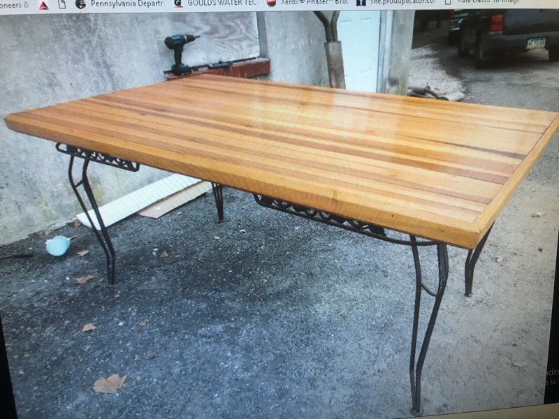 Vintage solid oak & wrought iron custom made kitchen dining table