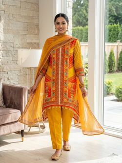Women’s vibrant printed kurta set with dupatta three - piece ethnic wear