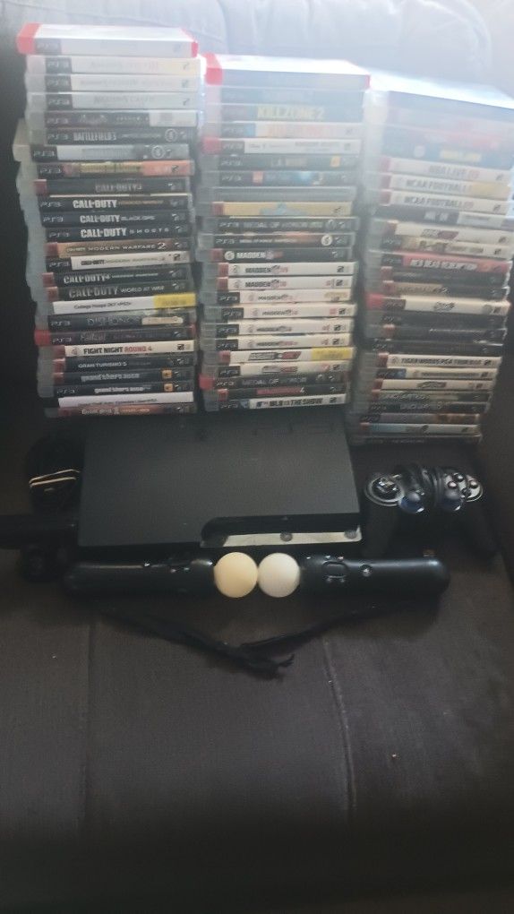Sony PS3 Bundle Lot With Controller, Camera , 2 Move Controllers & 72 Games PlayStation 3