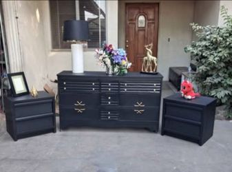 9 Drawer Solid Wood Dresser with Pair of 2 Drawer Nightstands- Black with Gold