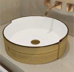 16.75 Inch LUXURY Gold Stripes Round Art Basin, Above Counter Bathroom Vessel Sink, Porcelain Ceramic Countertop Sink (Include pop up drain)