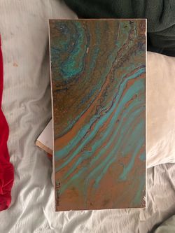rectangular acrylic fluid art painting with a copper and turquoise patina-inspired design.