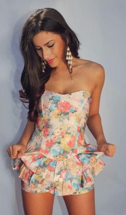 Floral Strapless Peplum Romper - Multi Pastel (M)
