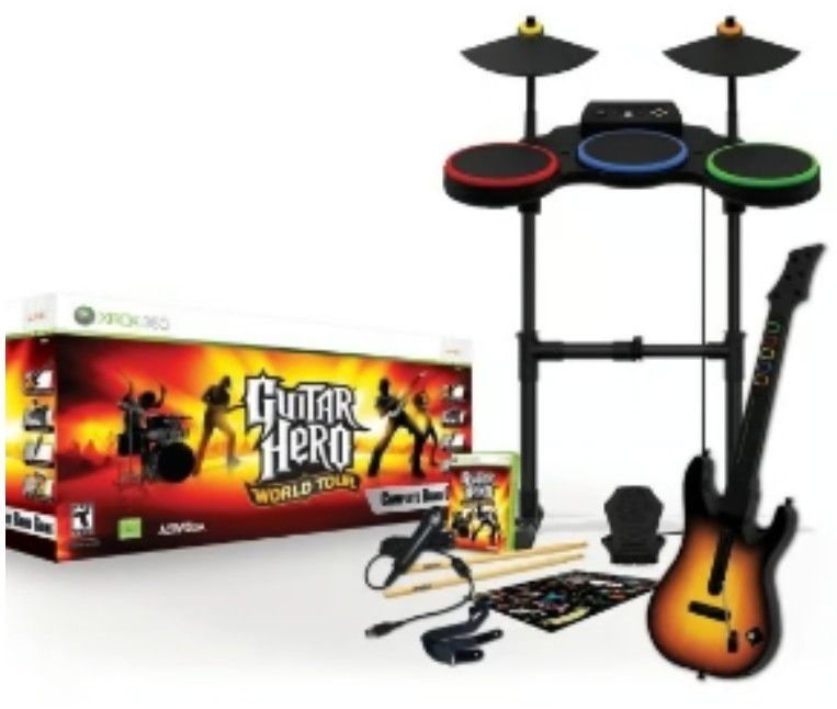 Guitar Hero World Tour Band Kit For Xbox 360 - 2 Guitars - Microphone 🎤 And Drums With Bass Pedal And Cymbals 3 Rock Games
