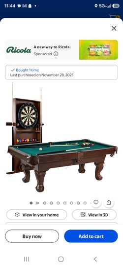 Unopened pool table with dart board and stick rack