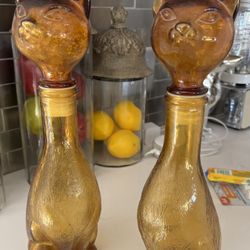 Two 11” Vintage Amber Cat Glass Decanters Taiwan
