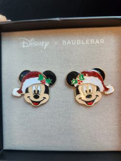 Disney Baublebar Christmas Mickey in Santa Hat w/Holly Earrings. NEW