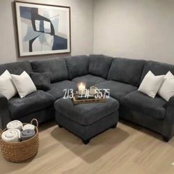 Dark Grey Corduroy Sectional Sofa With Ottoman New 