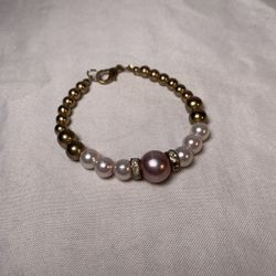 Pearl Bead Charm Bracelet - Pink with Gold