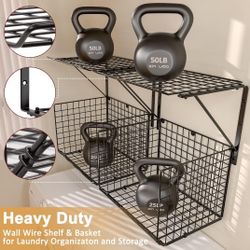 3IngSeagulls 2 Pack Laundry Room Shelves, Wire Baskets with 8 Hooks, Over Washer and Dryer Shelf, Wall Mounted Storage and Clothes Drying Rack, Black