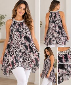 Jennifer Lopez Womens XL Halter Animal Print Tunic Blouse Beaded Rhinestone