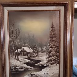 Cooper Vintage Oil Painting Of Winter Cabin With Snowy Creek Oil On Canvas 18" Wide 22" Tall Signed Cooper Lower Right Corner 