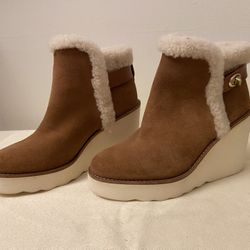 Coach Suede And Shearling Wedge Booties Size 6.5