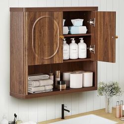 Bathroom Wall Storage Cabinet Hanging, Fluted Medicine Cabinet with Doors, Wall Mounted Cupboard with Adjustable Shelf, Wood Over The Toilet Storage C