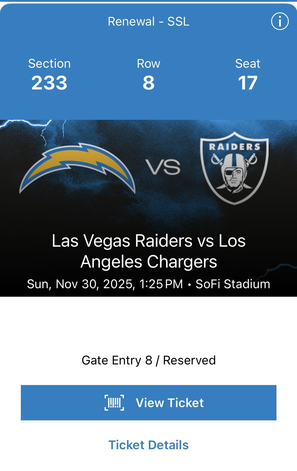 Chargers Vs Raiders SoFi November 30 $400 for 2 Tickets