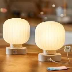 Dimmable Glass Night Table Lamp with Charging Ports