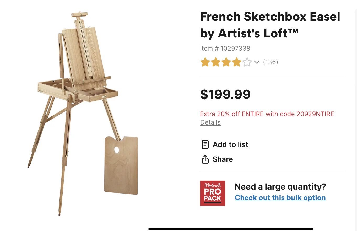 FRENCH SKETCH BOX EASEL BY ARTISTS LOFT, NEW, RIGHT OUT OF THE BOX, NEVER **$50.00 final***