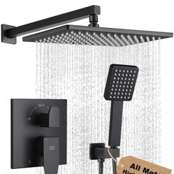 POP SANITARYWARE Matte Black Shower Faucet Set Rainfall 12 Inch Shower Head and Handle Set Bathroom Rain Shower System Wall Mounted Shower Fixture Inc