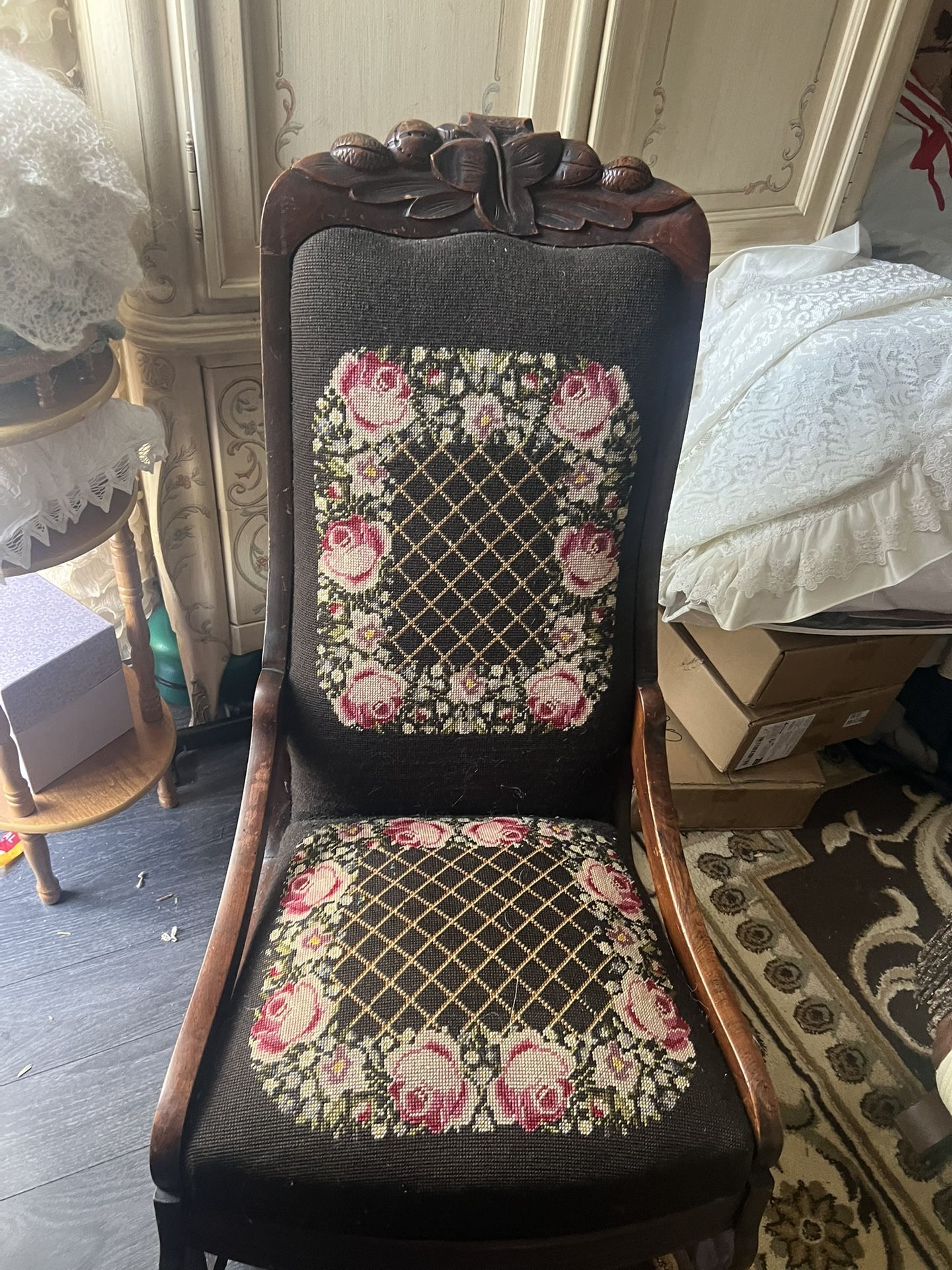 Old Upholstered Wooden Rocking Chair