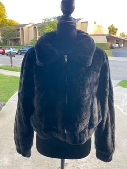 Black Faux Fur Zip-Up Bomber Jacket