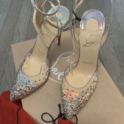 CHRISTIAN LOUBOUTIN Spikaqueen 100 Crystal-Embellished Pvc Iridescent heels 36.5
