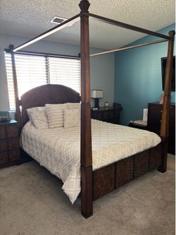 Queen canopy bed frame and two matching night stands set