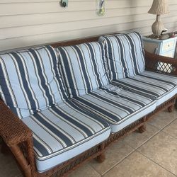 Wicker Woven Rattan Sofa  With Blue Stripe Cushion 