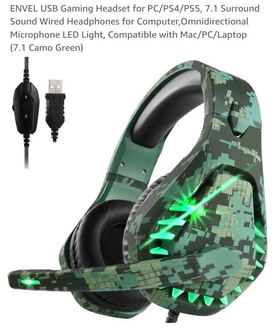 New ENVEL USB Gaming Headset for PC/PS4/PS5, 7.1 Surround
Sound Wired Headphones for Computer,Omnidirectional
Microphone LED Light Green