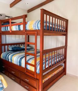 Wood Bunk Bed with Trundle and Drawers