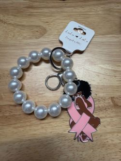 Lulu Lala Pearl Bead Wristlet Keychain Breast Cancer Ribbon Black Woman Charm
