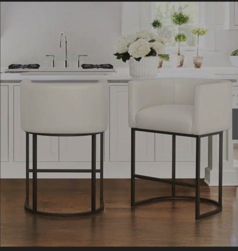 26 in. Antique-White Low Back Bar Stool with Black Metal Frame Counter Height Faux Leather Counter Stool (Set of 3)