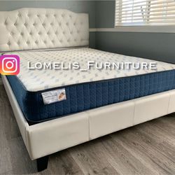 Full White Crystal Button Tufted Bed w. Orthopedic Mattresss Included 