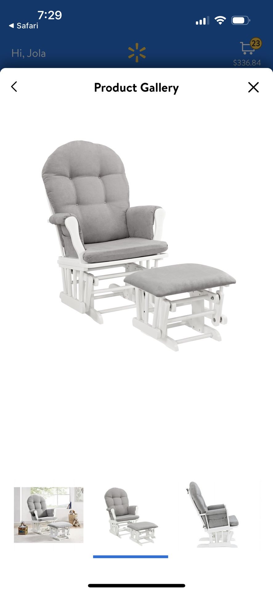 Angel Line Windsor Glider and Ottoman, White Finish with Gray Cushions