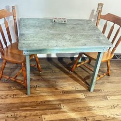 Primitive Farmhouse Table, Plank Top In Distressed Blue/green Paint