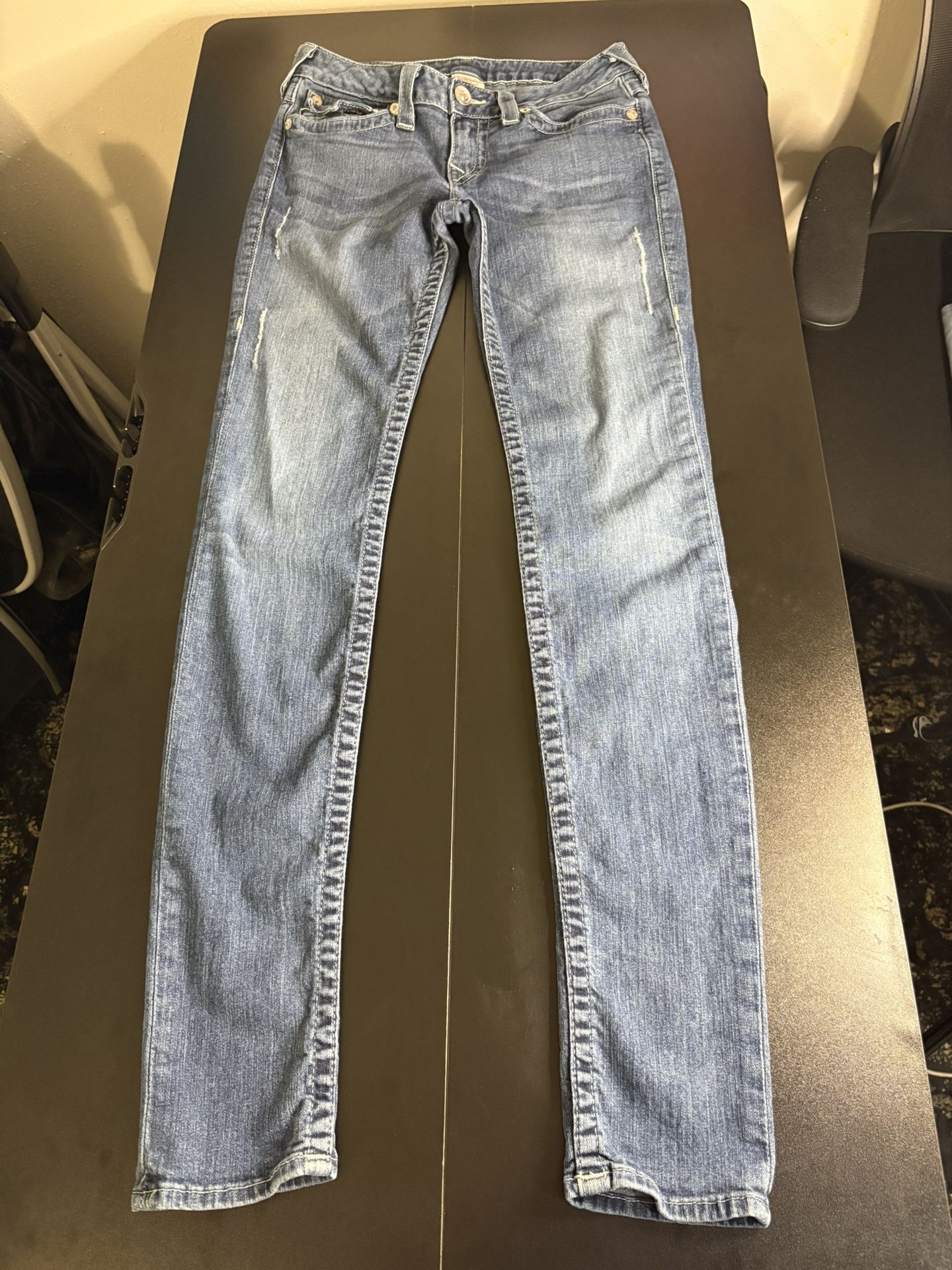 True Religion Women’s Size 29 Skinny Jeans – Distressed with Crystal Flap Pockets 💎