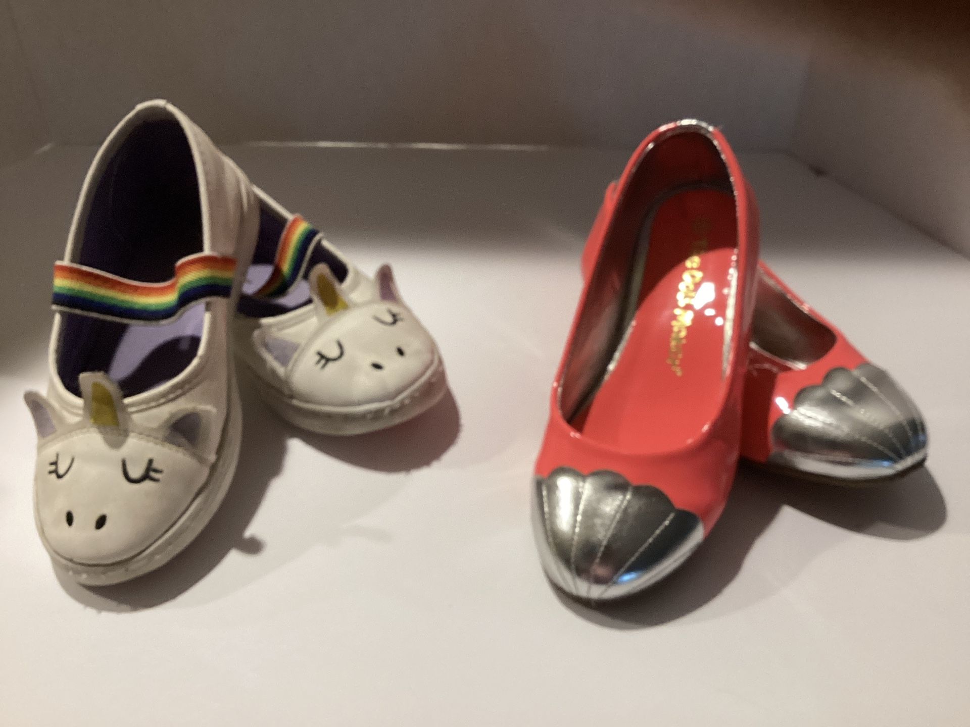 “Size 13 Girls Shoes” Neon pink Flats & Rainbow Unicorn Sneakers