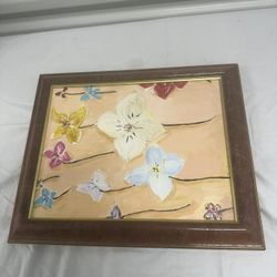 Acrylic multicolor, flower painting on canvas in wooden frame