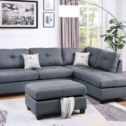 GREY SECTIONAL SOFA WITH STORAGE OTTOMAN 