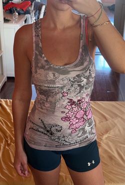 SPY Pink and Gray Floral Embellished Scoop Tank with gems