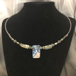 Abalone Choker Necklace With Silver Tone Beads & Wire 