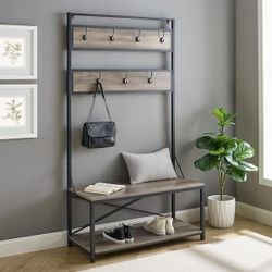 Modern Farmhouse X Back Hall Tree with Bench, 72 Inch, Grey Wash