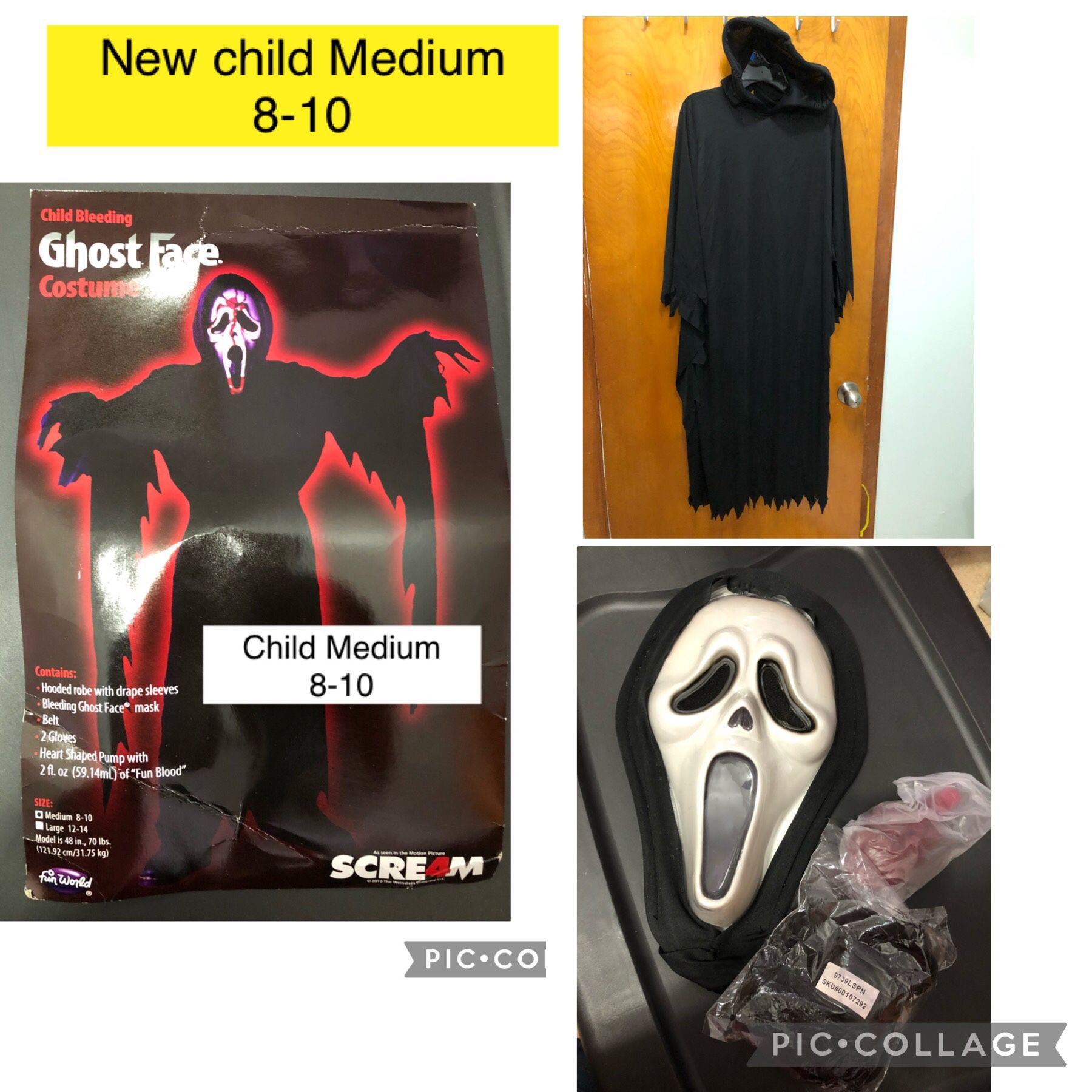 New “ Scream bleeding Ghost Face - Child. Halloween costume.Size Medium 8-10 . Includes hooded robe with drape sleeves , bleeding ghost face mask, bel