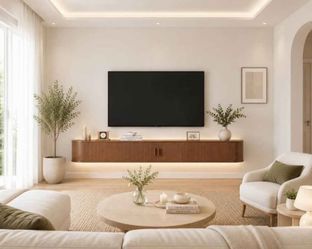 Floating TV Stand with Power Outlet for TVs up to 80", Fluted Entertainment Center with Remote Control for LED Lights, Mid-Century Modern TV Console w
