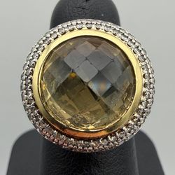 David Yurman 925 Sterling silver & 18k yellow gold Natural 7.5Ct Lemon Quartz 0.65CTW Diamond ring sz6